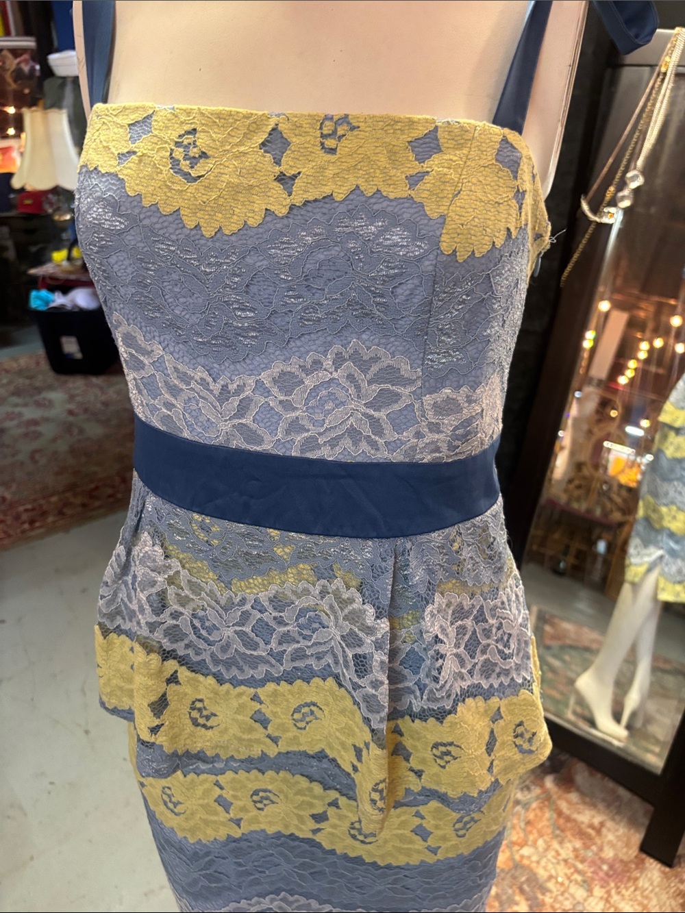 Traffic People Blue and Yellow Lace Tie-Shoulder Midi Dress - Picture 3 of 7